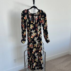 Reformation Black Floral Long-Sleeve Midi Dress